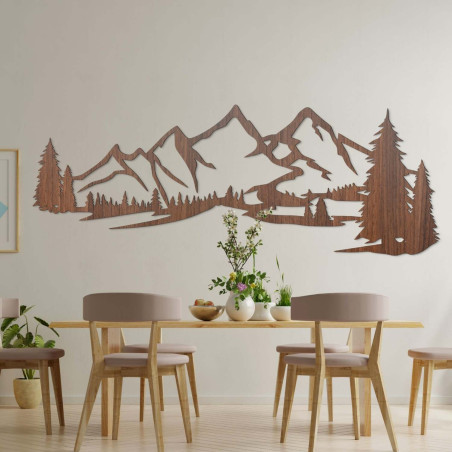 Decorațiune murală din lemn - siluetă de munți și copaci în pădure