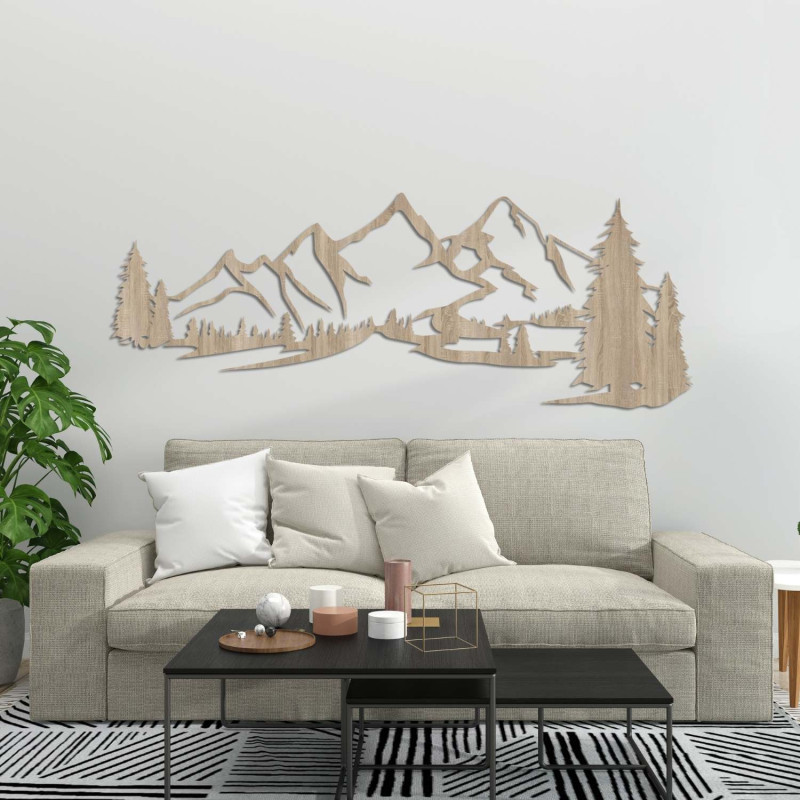 Decorațiune din lemn de stejar Sonoma, Pictură modernă din lemn Munți și pădure pentru decorarea camerei de zi