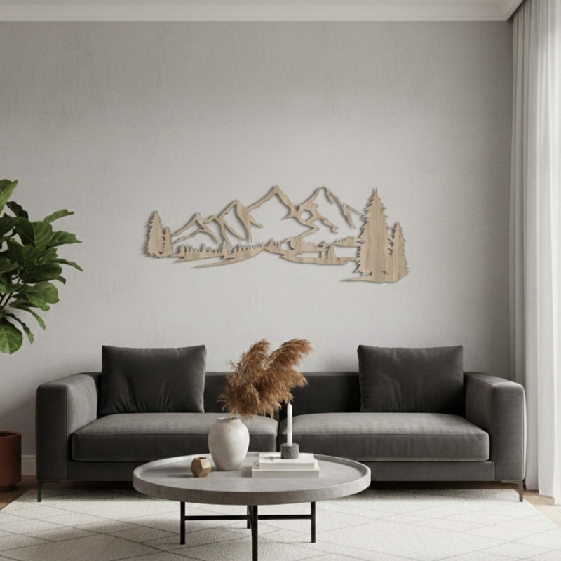 Decorațiune din lemn de stejar Sonoma, Pictură modernă din lemn Munți și pădure pentru decorarea camerei de zi