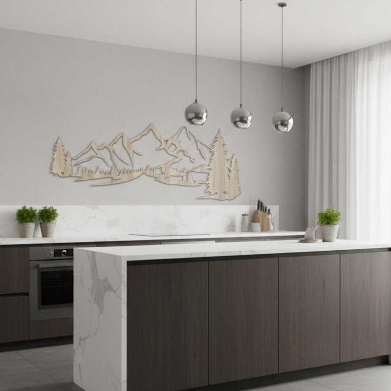 Decorațiune din lemn de stejar Sonoma, Pictură modernă din lemn Munți și pădure pentru decorarea camerei de zi