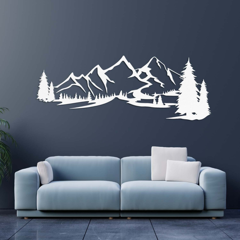Decorațiune din lemn albă, Pictură modernă din lemn Munți și pădure pentru decorarea camerei de zi