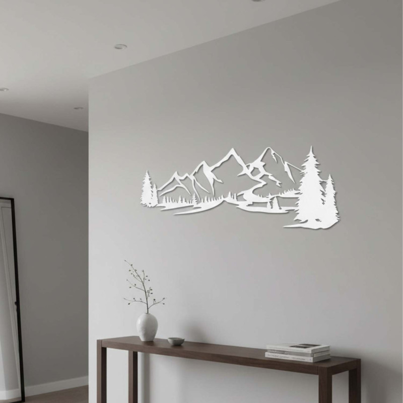 Decorațiune din lemn albă, Pictură modernă din lemn Munți și pădure pentru decorarea camerei de zi