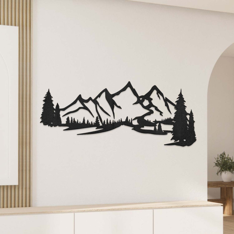 Decorațiune din lemn neagră, Pictură modernă din lemn Munți și pădure pentru decorarea camerei de zi