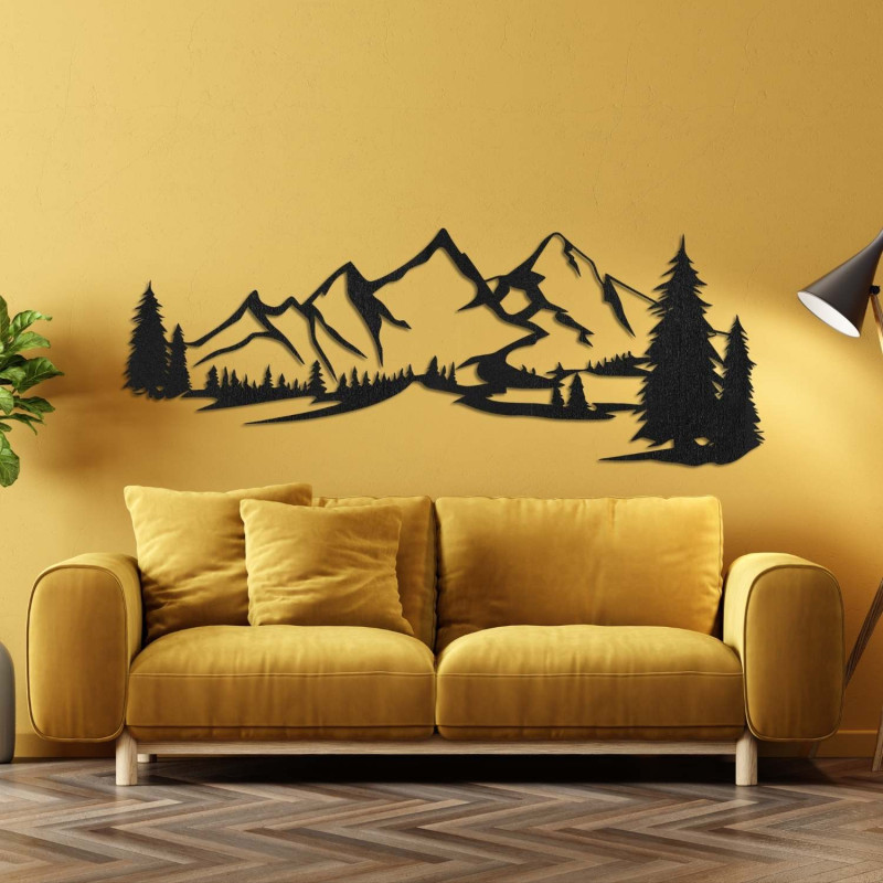 Decorațiune din lemn neagră, Pictură modernă din lemn Munți și pădure pentru decorarea camerei de zi