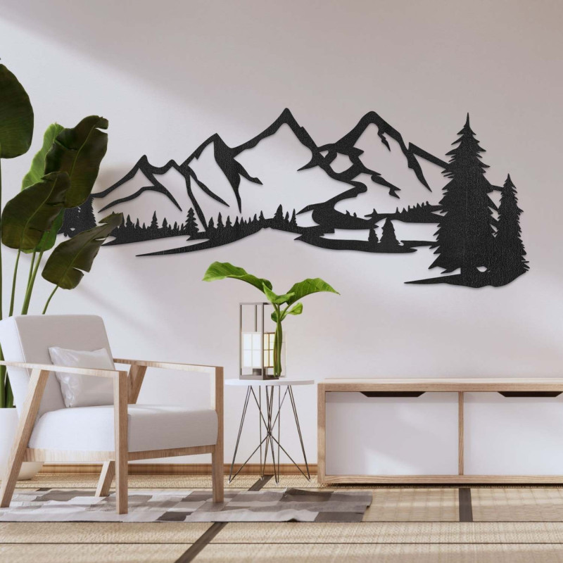 Decorațiune din lemn neagră, Pictură modernă din lemn Munți și pădure pentru decorarea camerei de zi