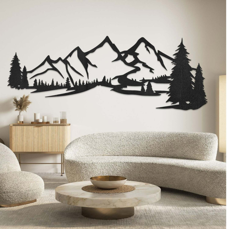 Decorațiune din lemn neagră, Pictură modernă din lemn Munți și pădure pentru decorarea camerei de zi