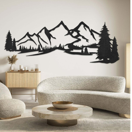Decorațiune din lemn neagră, Pictură modernă din lemn Munți și pădure pentru decorarea camerei de zi