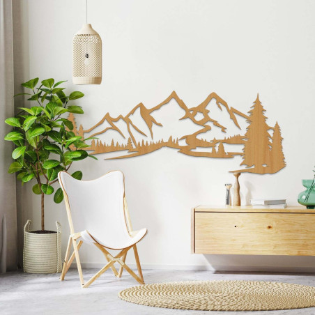 Panou de perete din lemn de stejar, design, cu peisaj montan și pădure