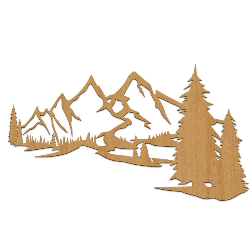 Panou de perete din lemn de stejar, design, cu peisaj montan și pădure