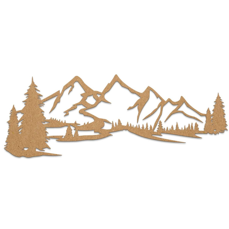 Pictură minimalistă pe lemn cu un lanț muntos și o pădure de conifere