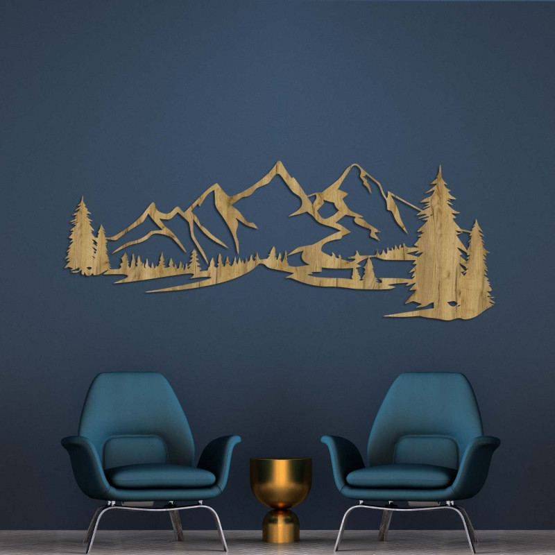 Pictură minimalistă pe lemn cu un lanț muntos și o pădure de conifere