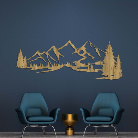 Pictură minimalistă pe lemn cu un lanț muntos și o pădure de conifere