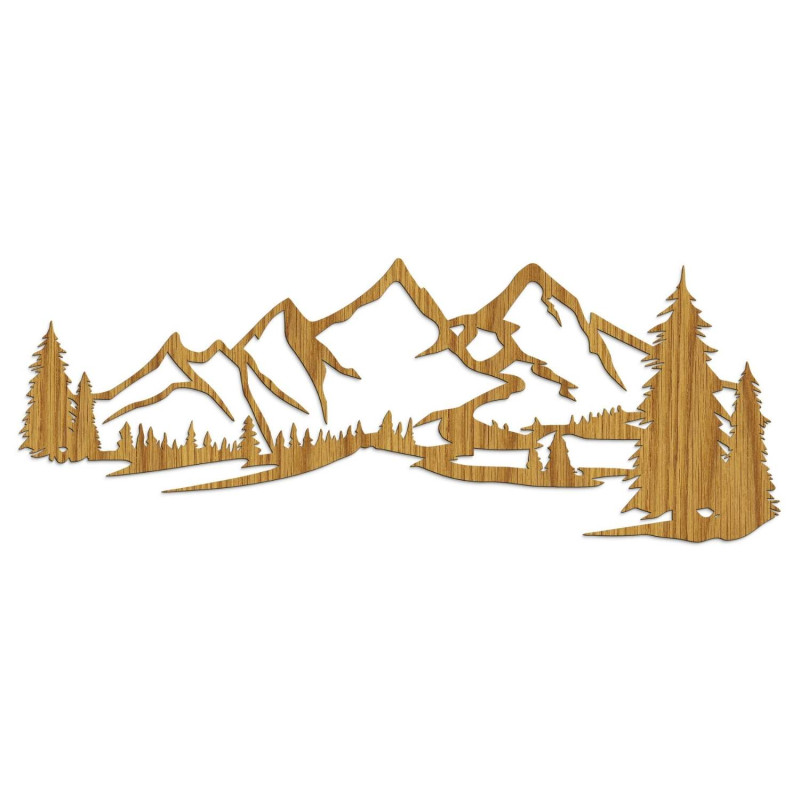 Pictură minimalistă pe lemn cu un lanț muntos și o pădure de conifere