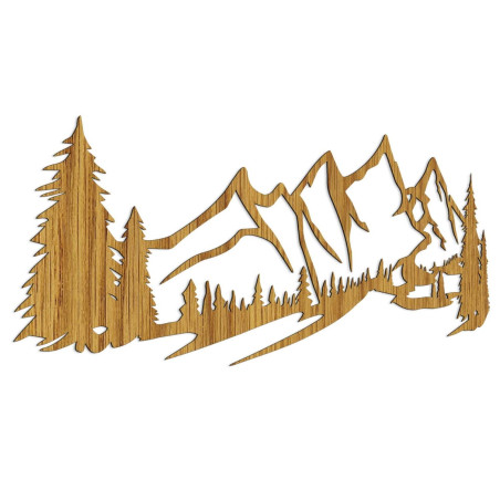 Pictură minimalistă pe lemn cu un lanț muntos și o pădure de conifere