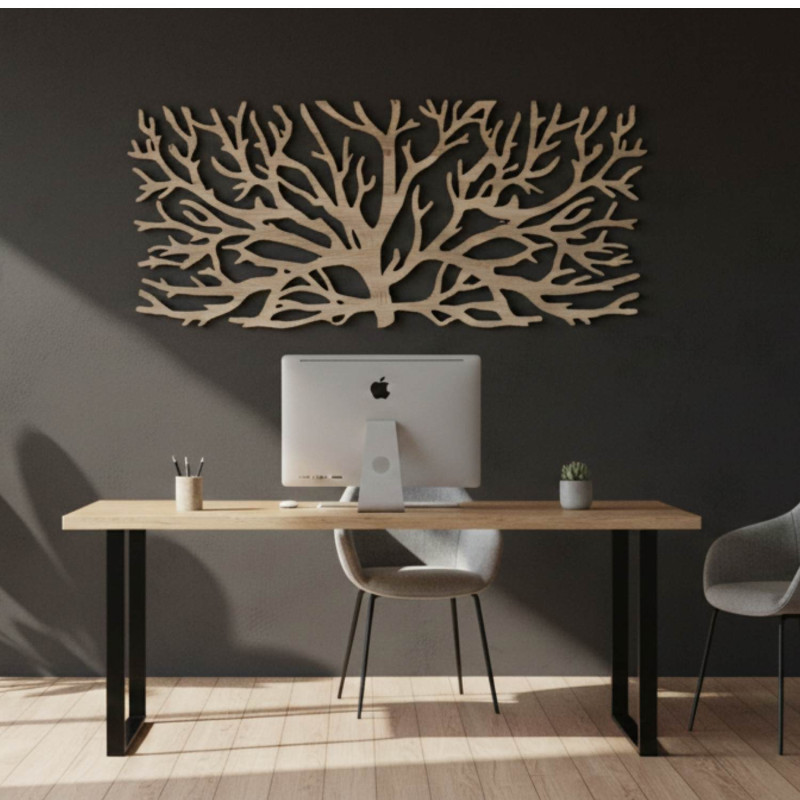 Pictură modernă în trei părți pe lemn cu motivul unui copac și al Floarei Vieții