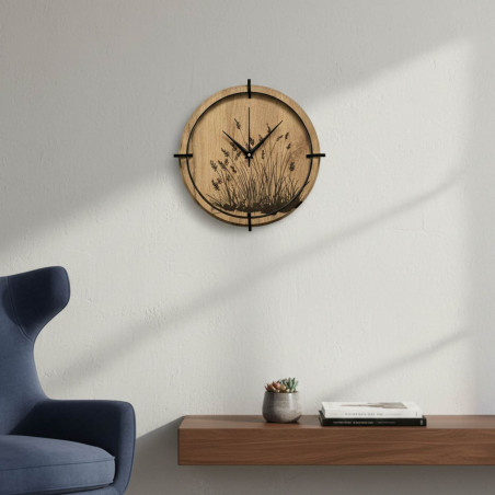 Ceas de perete din lemn natural cu model vegetal