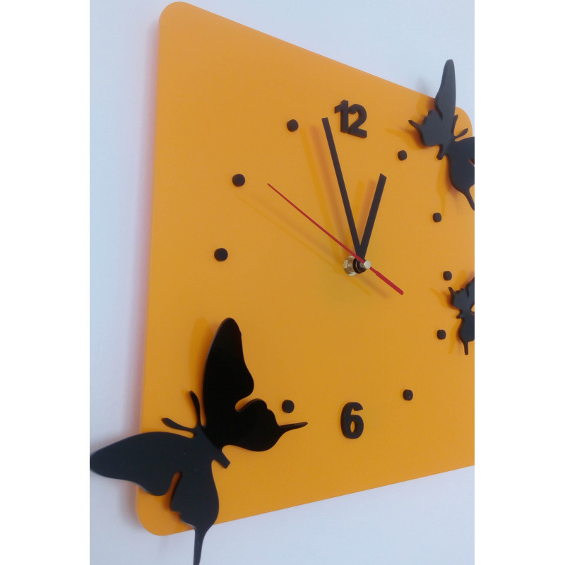Ceas de perete modern galben cu fluturi | Ceas de design pentru sufragerie