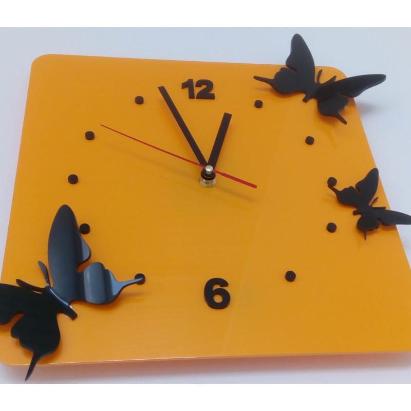 Ceas de perete modern galben cu fluturi | Ceas de design pentru sufragerie