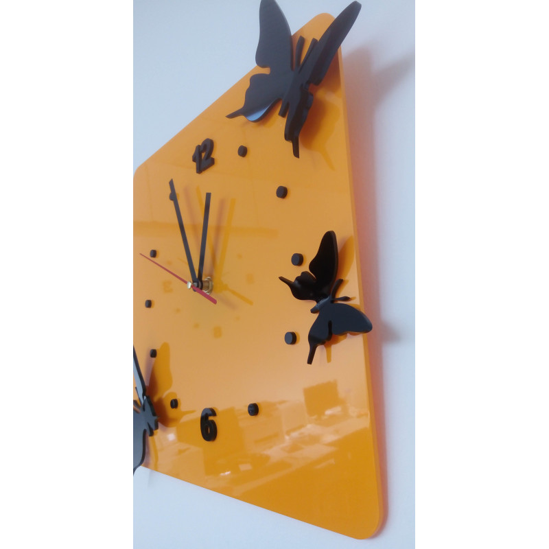 Ceas de perete modern galben cu fluturi | Ceas de design pentru sufragerie
