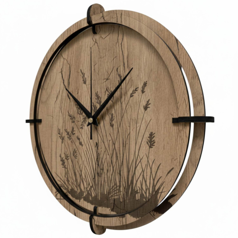Ceas din lemn cu motiv de iarbă | Stejar Halifax