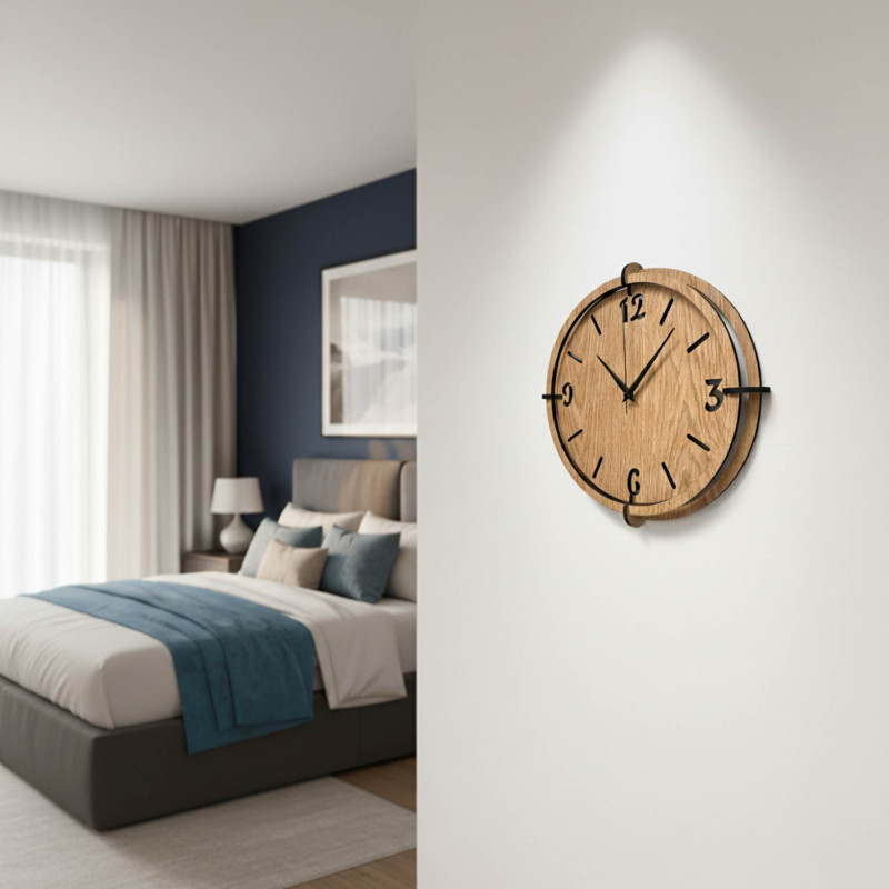 Ceas elegant din stejar - design minimalist și detalii negre contrastante