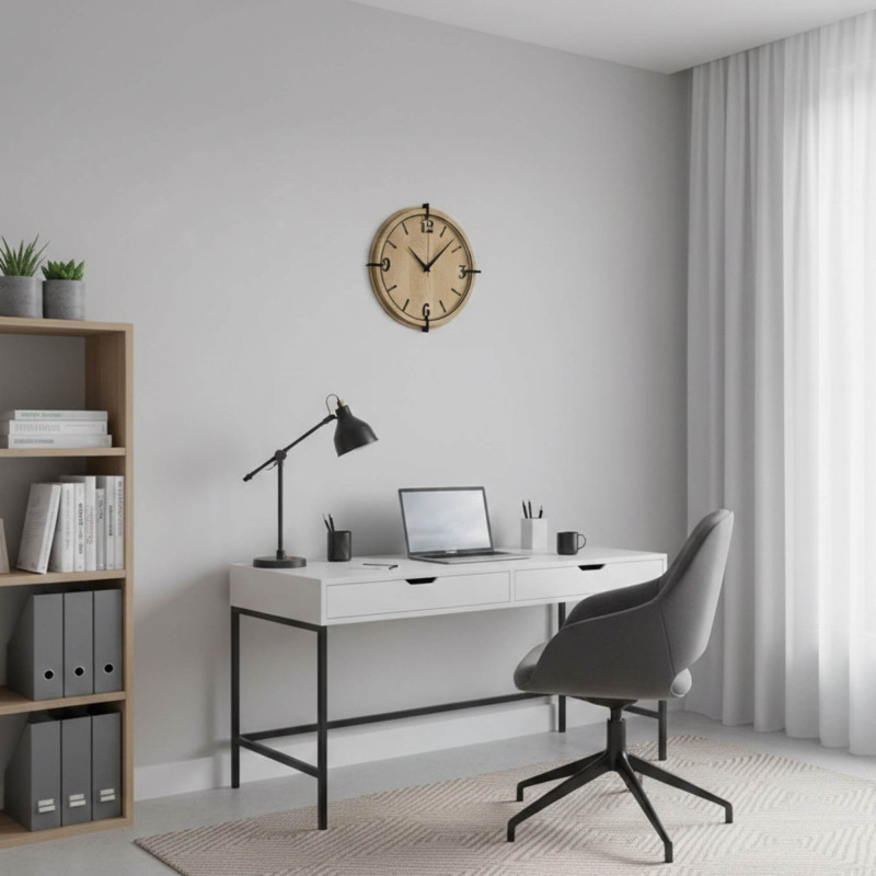 Ceas de perete elegant cu cifre 3D, textură naturală a lemnului și aspect modern.