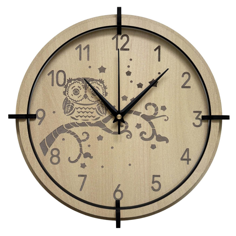 Ceas bufniță din arțar pentru copii - liniștit, jucăuș și ideal pentru camera unui copil.