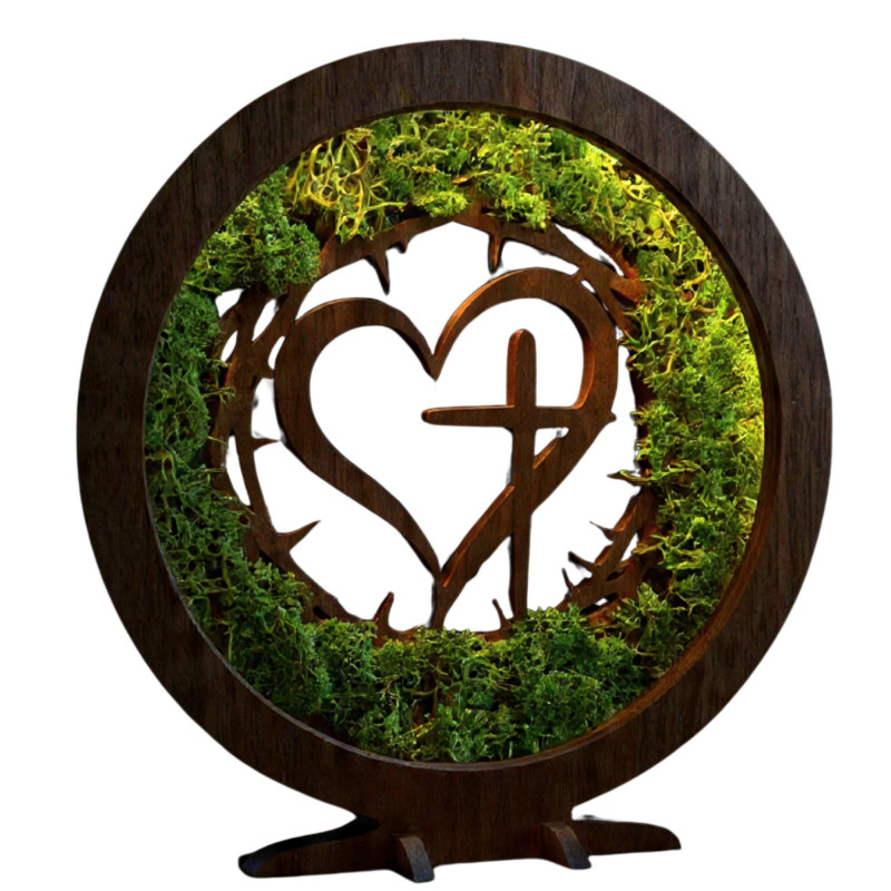 Decor elegant cu motiv spiritual. Lampă LED cu mușchi într-un decor elegant din lemn de nuc.
