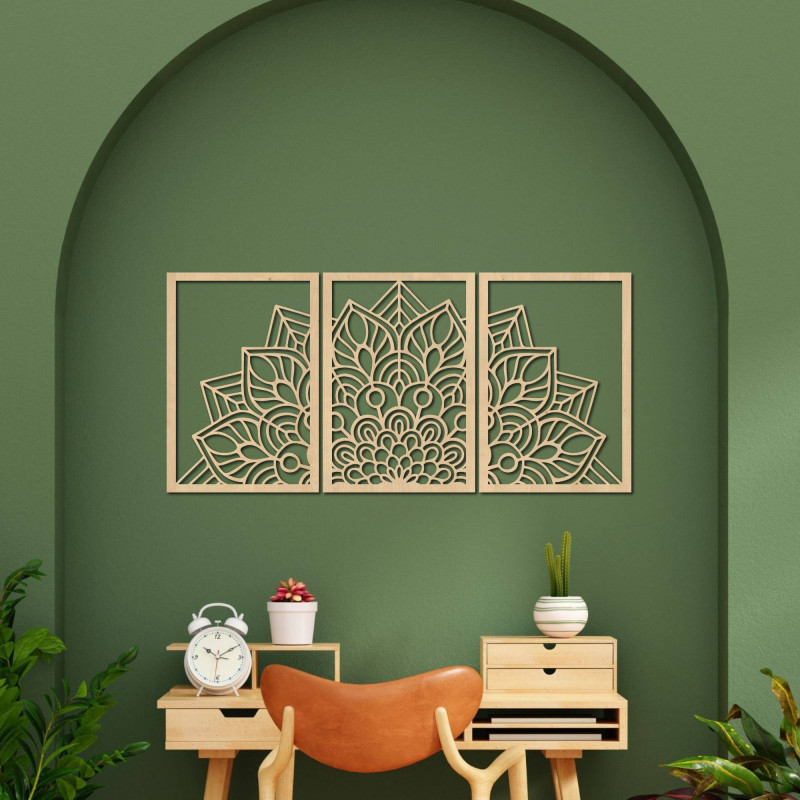 Mandala neagră modernă și ceas din lemn: Armonie elegantă pentru casa ta.