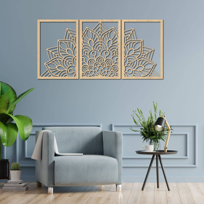 Mandala neagră modernă și ceas din lemn: Armonie elegantă pentru casa ta.