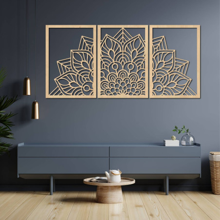 Mandala neagră modernă și ceas din lemn: Armonie elegantă pentru casa ta.