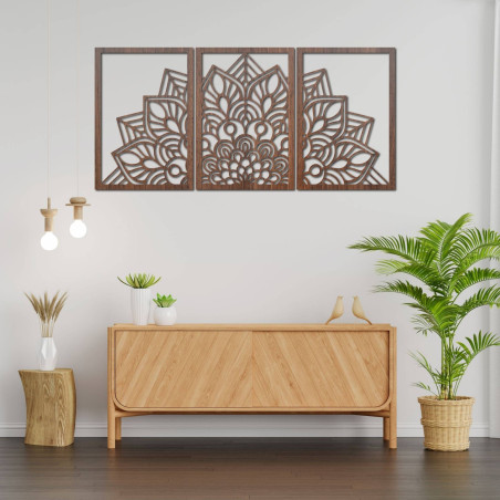 Mandala neagră modernă și ceas din lemn: Armonie elegantă pentru casa ta.