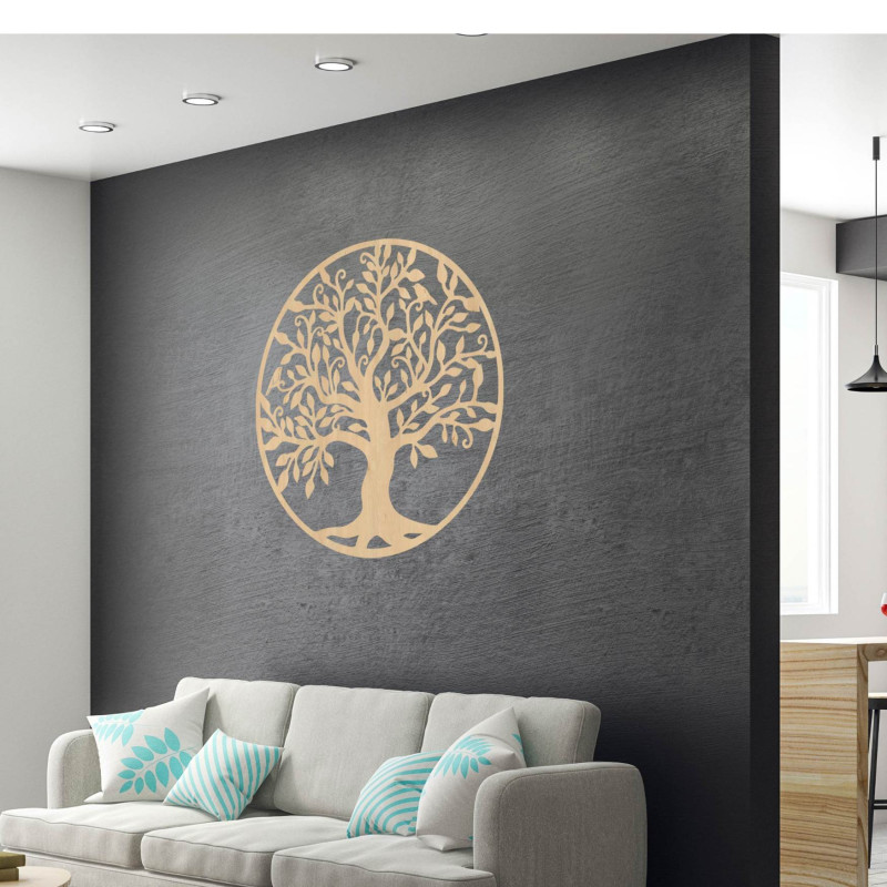 Decorațiune din lemn natural cu motiv de copac ramificat și frunze