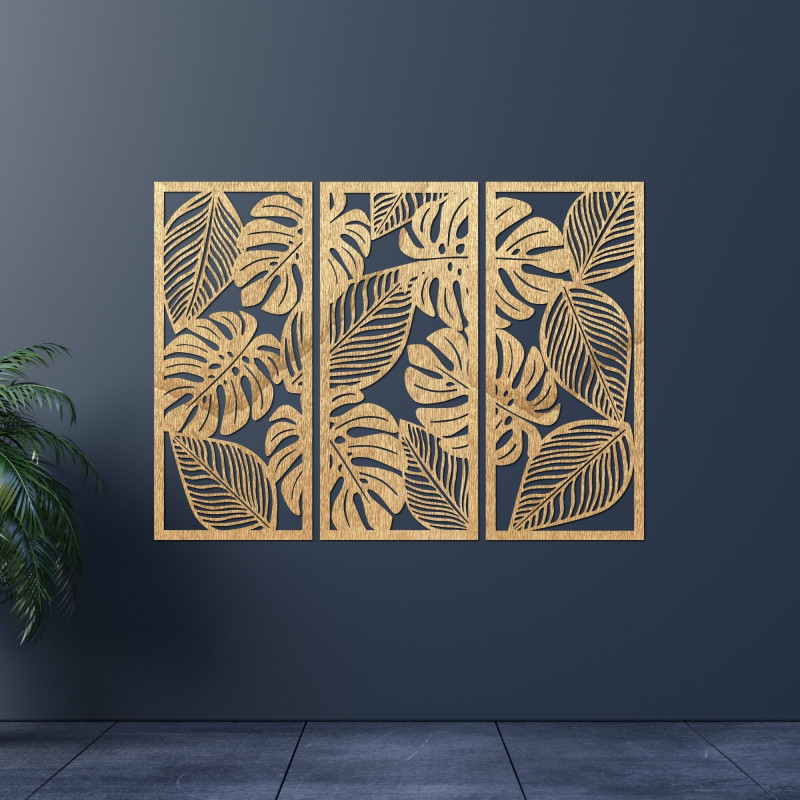 Triptic de panouri decorative cu motiv de frunze tropicale pentru perete.