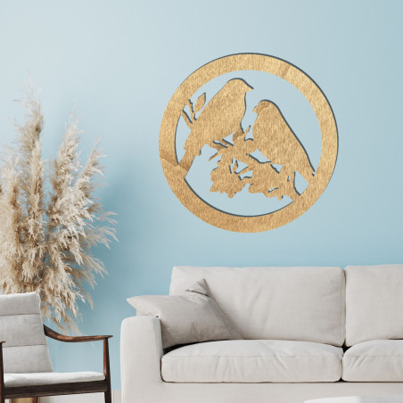 Pictură murală din lemn cu păsări pe o creangă - BIERDO