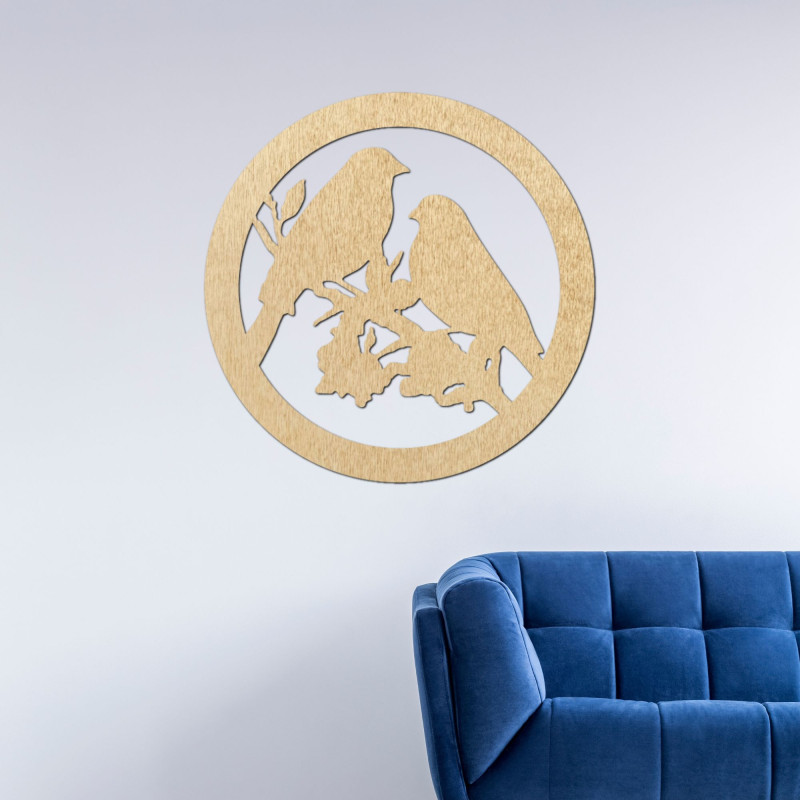 Pictură murală din lemn cu păsări pe o creangă...