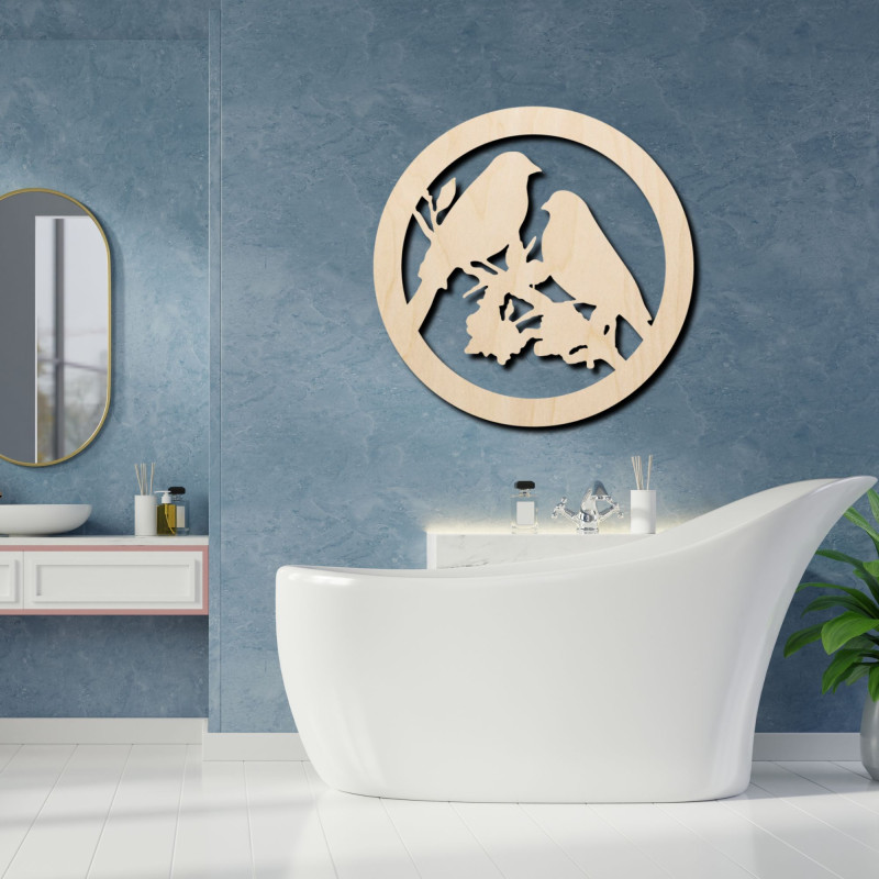 Pictură murală din lemn cu păsări pe o creangă...