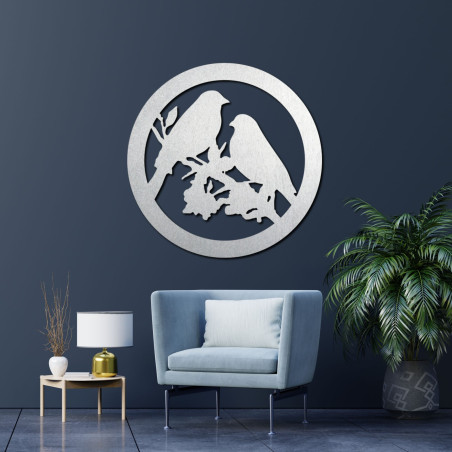 Pictură murală din lemn cu păsări pe o creangă - BIERDO