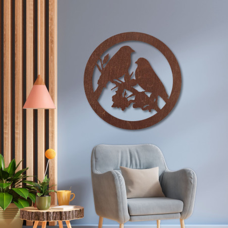 Pictură murală din lemn cu păsări pe o creangă - BIERDO