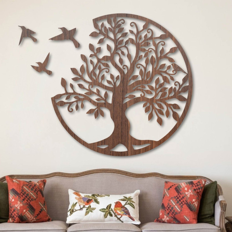 Decorațiune murală din lemn Copacul Vieții cu păsări - simbol al echilibrului, păcii și puterii naturii.