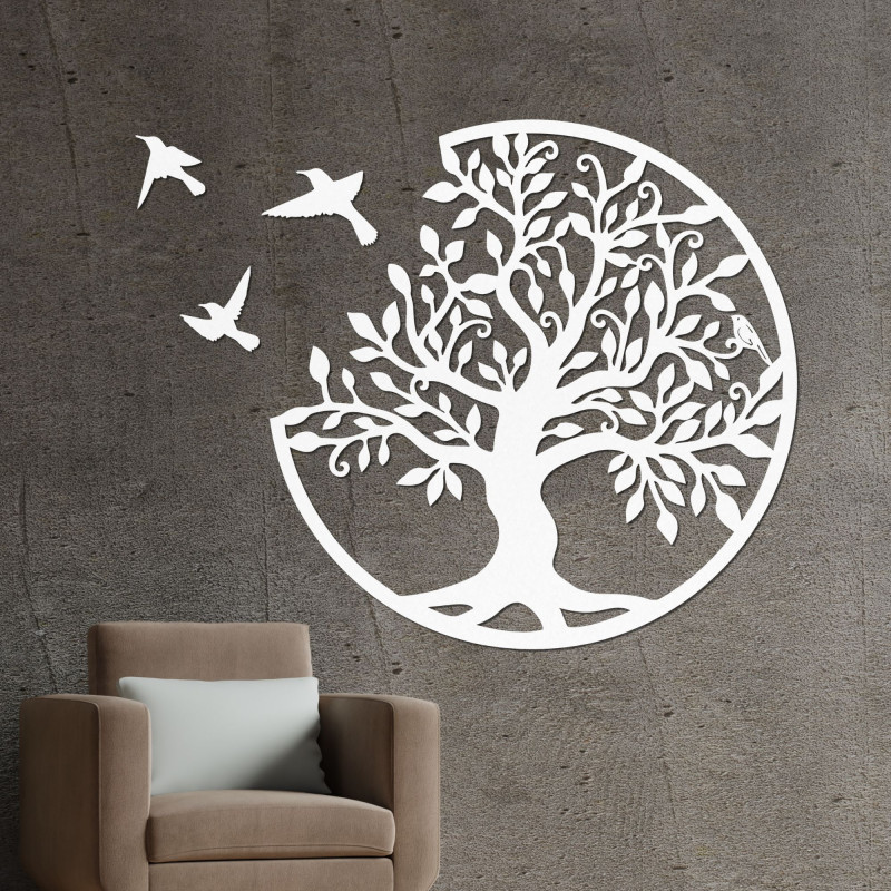Decorațiune murală din lemn - Pomul vieții cu trei păsări în zbor