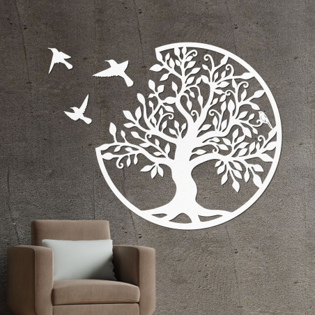 Decorațiune murală din lemn - Pomul vieții cu trei păsări în zbor