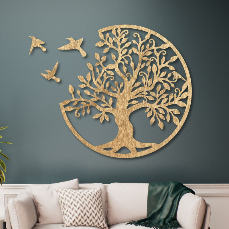 Decorațiune murală din lemn - Pomul vieții cu trei păsări în zbor