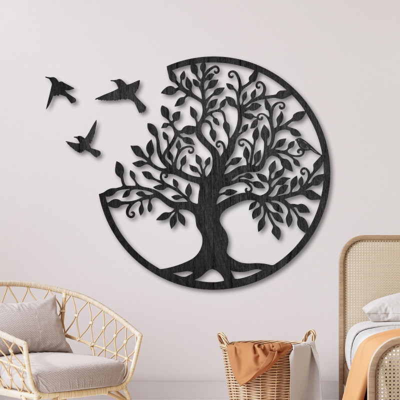 Decorațiune murală din lemn - Pomul vieții cu trei păsări în zbor