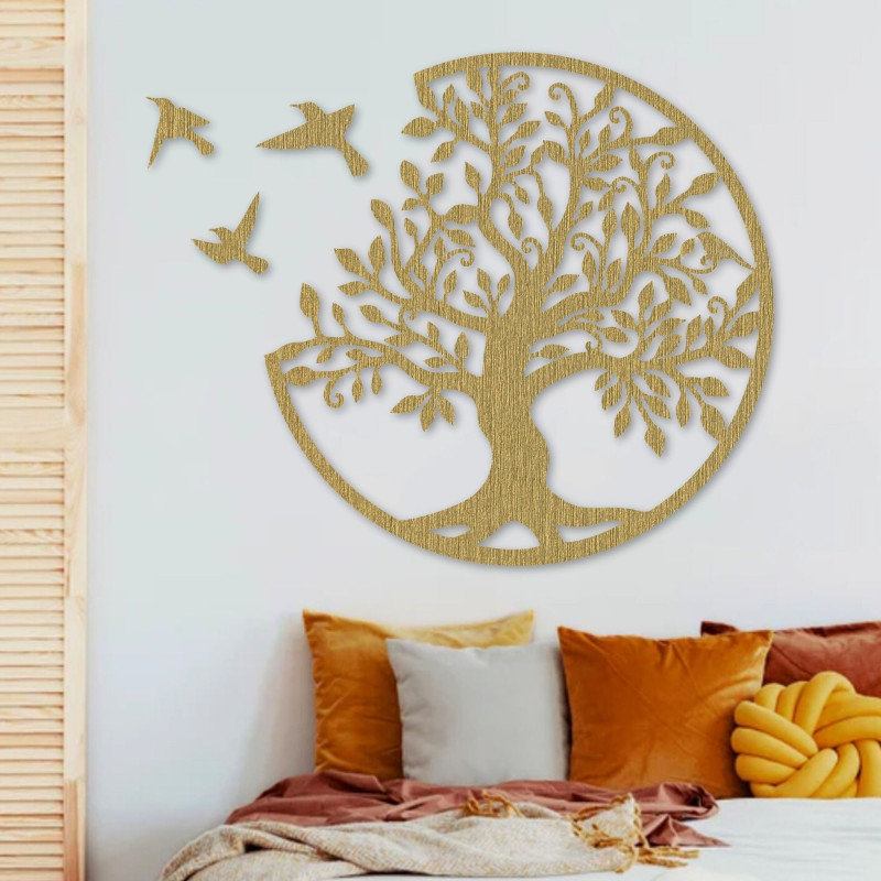 Decorațiune murală din lemn - Pomul vieții cu trei păsări în zbor
