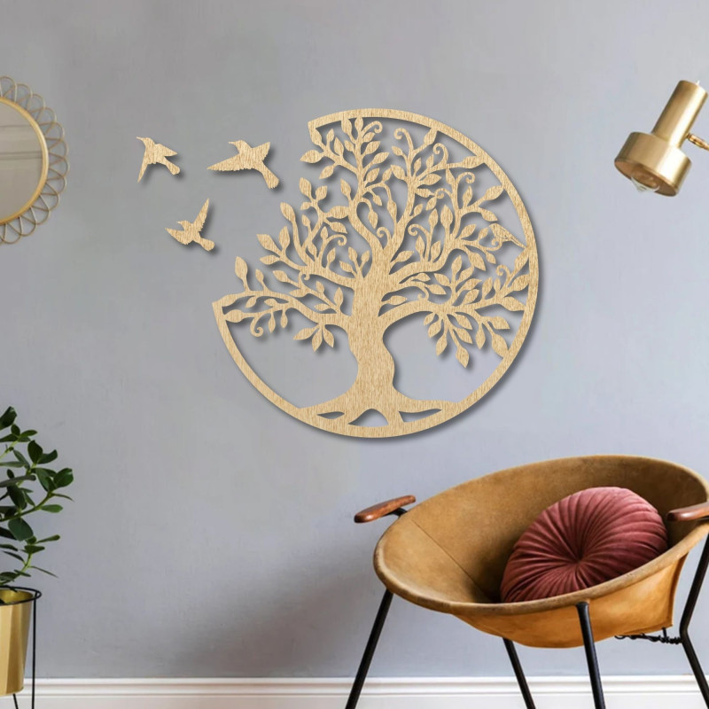 Decorațiune murală din lemn - Pomul vieții cu trei păsări în zbor