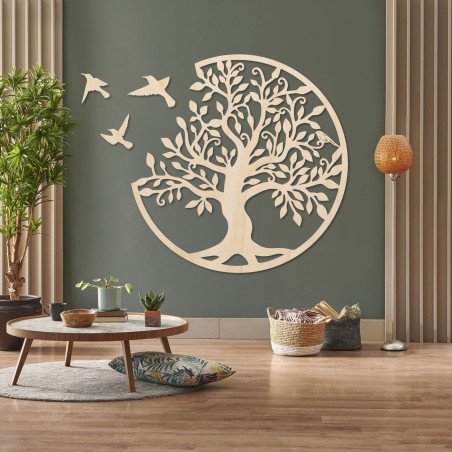 Decorațiune murală din lemn - Pomul vieții cu trei păsări în zbor