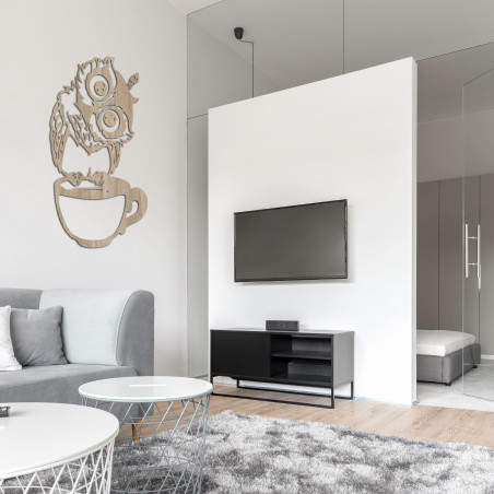 Pictură murală drăguță din lemn reprezentând o bufniță într-o cupă | Bufniță