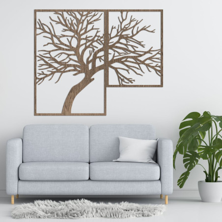 Pictura în două părți înfățișează un copac elegant, cu ramuri sculptate detaliat, create în tonuri calde de lemn.