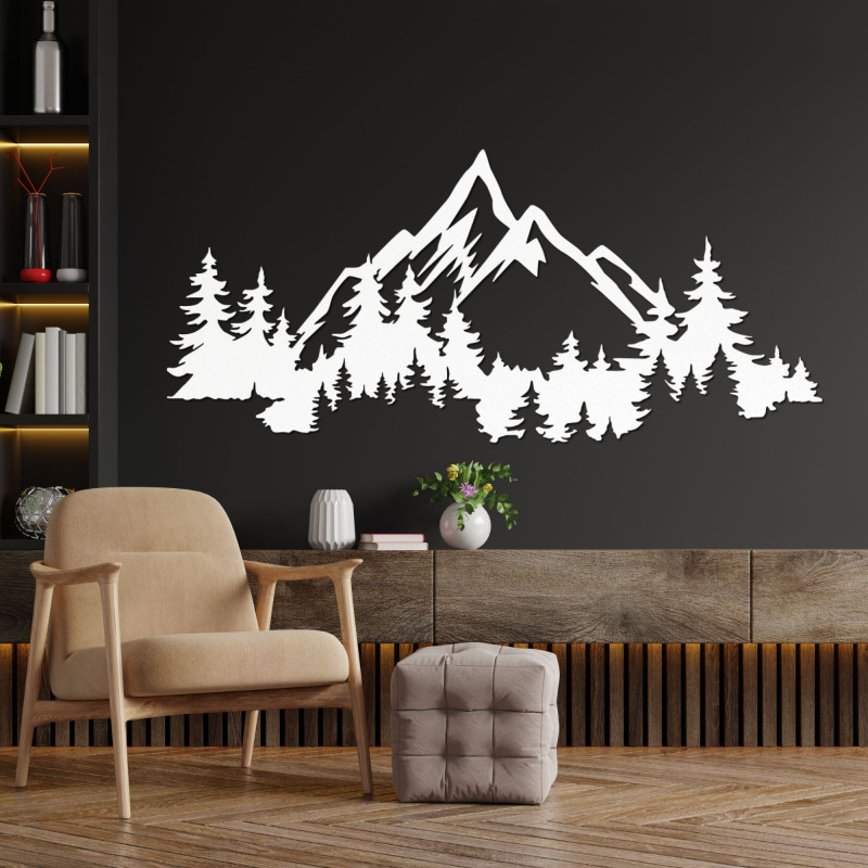 Decorațiune murală din lemn cu motiv panoramic de munte și pădure
